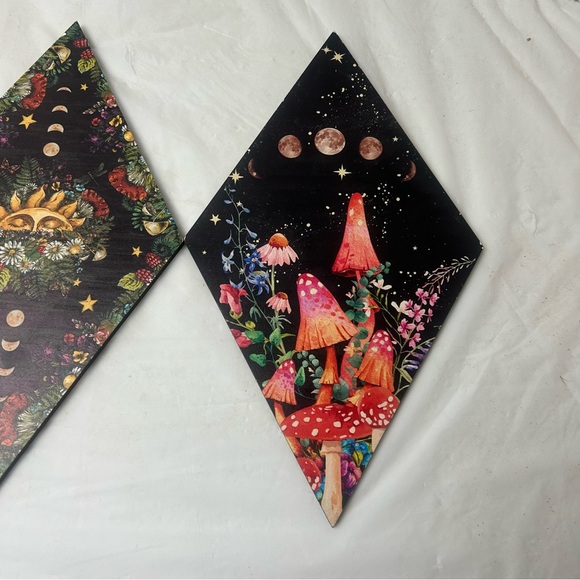 Set Of 3 Diamond Shaped Psychedelic Wall Art On Wood Floral Mushroom 11.5” - Picture 4 of 6
